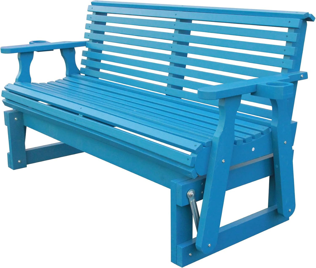 3-Seater Outdoor Glider Chair, 5FT Wood Porch Glider with High Roll Back, Cupholders and Deep Contoured for Porch, Garden, Blue