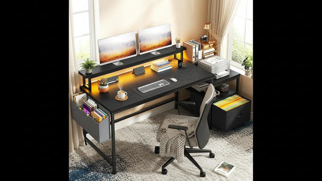 DurayLoly Gaming Desk with Monitor Stand,Computer Desk with LED Lights &Power Outlets,Office Desk with Drawers & Printer Shelf,Writing Table with Side Storage Bag,57' W x 20' D x 36' H,Black Desk