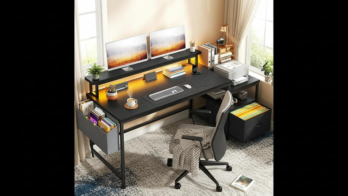 DurayLoly Gaming Desk with Monitor Stand,Computer Desk with LED Lights &Power Outlets,Office Desk with Drawers & Printer Shelf,Writing Table with Side Storage Bag,57' W x 20' D x 36' H,Black Desk