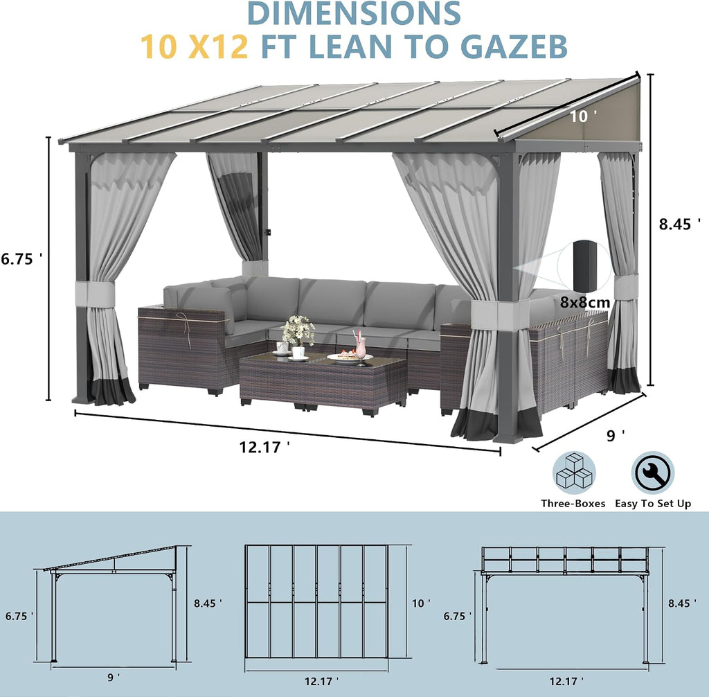 Kurapika 10' x 12' Wall Mount Gazebo Outdoor Pergola, Hardtop Lean to Gazebo Canopy Awnings with Sloped Roof and Sturdy Steel Frame, for Patio, Porch, Deck, Backyard(Grey)