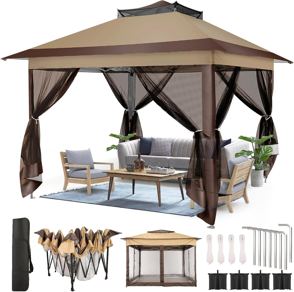 COBIZI 11x11 Pop Up Gazebo Canopy Tent Easy Up Outdoor Gazebo Waterproof Upgrade Portable Gazebo with Mosquito Nettings, Double Vented Roof and Carry Bag for Patio Garden(Brown)