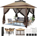 COBIZI 11x11 Pop Up Gazebo Canopy Tent Easy Up Outdoor Gazebo Waterproof Upgrade Portable Gazebo with Mosquito Nettings, Double Vented Roof and Carry Bag for Patio Garden(Brown)