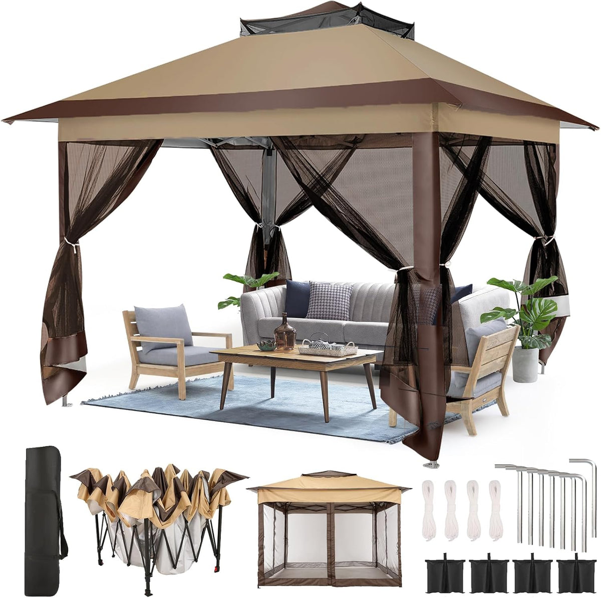 COBIZI 11x11 Pop Up Gazebo Canopy Tent Easy Up Outdoor Gazebo Waterproof Upgrade Portable Gazebo with Mosquito Nettings, Double Vented Roof and Carry Bag for Patio Garden(Brown)