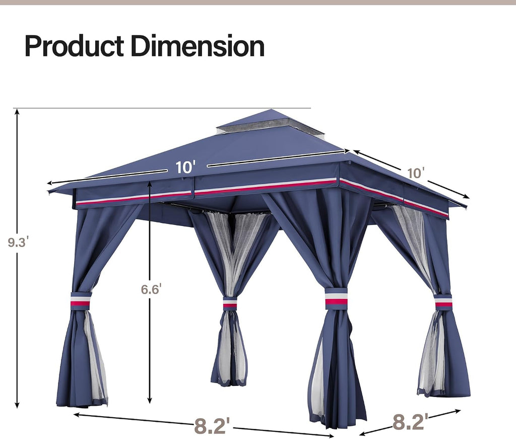 LAUSAINT HOME Patio Gazebo 10'x10', with 50ft Lights Outdoor Heavy Duty Party Tent Shelter with Double Roofs, Mosquito Nettings and Privacy Screens for Backyard, Garden, Lawn, Classic Blue