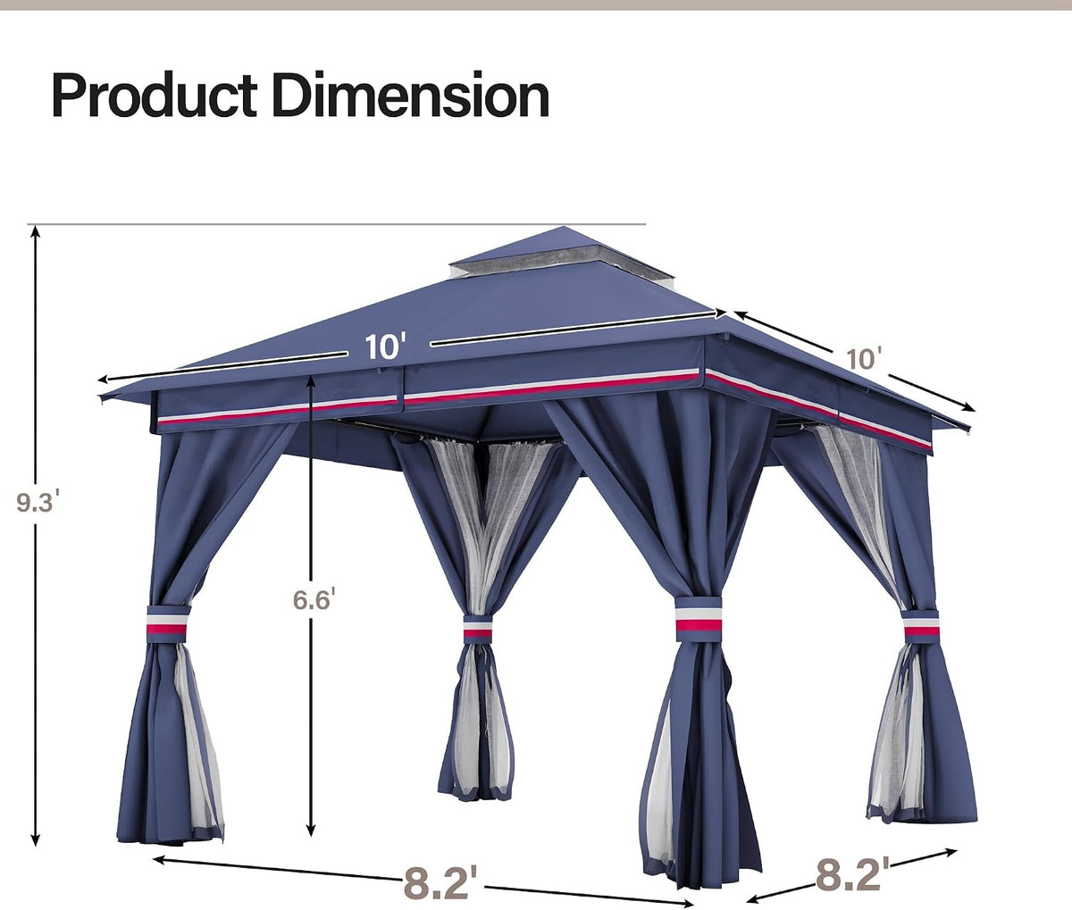 LAUSAINT HOME Patio Gazebo 10'x10', with 50ft Lights Outdoor Heavy Duty Party Tent Shelter with Double Roofs, Mosquito Nettings and Privacy Screens for Backyard, Garden, Lawn, Classic Blue