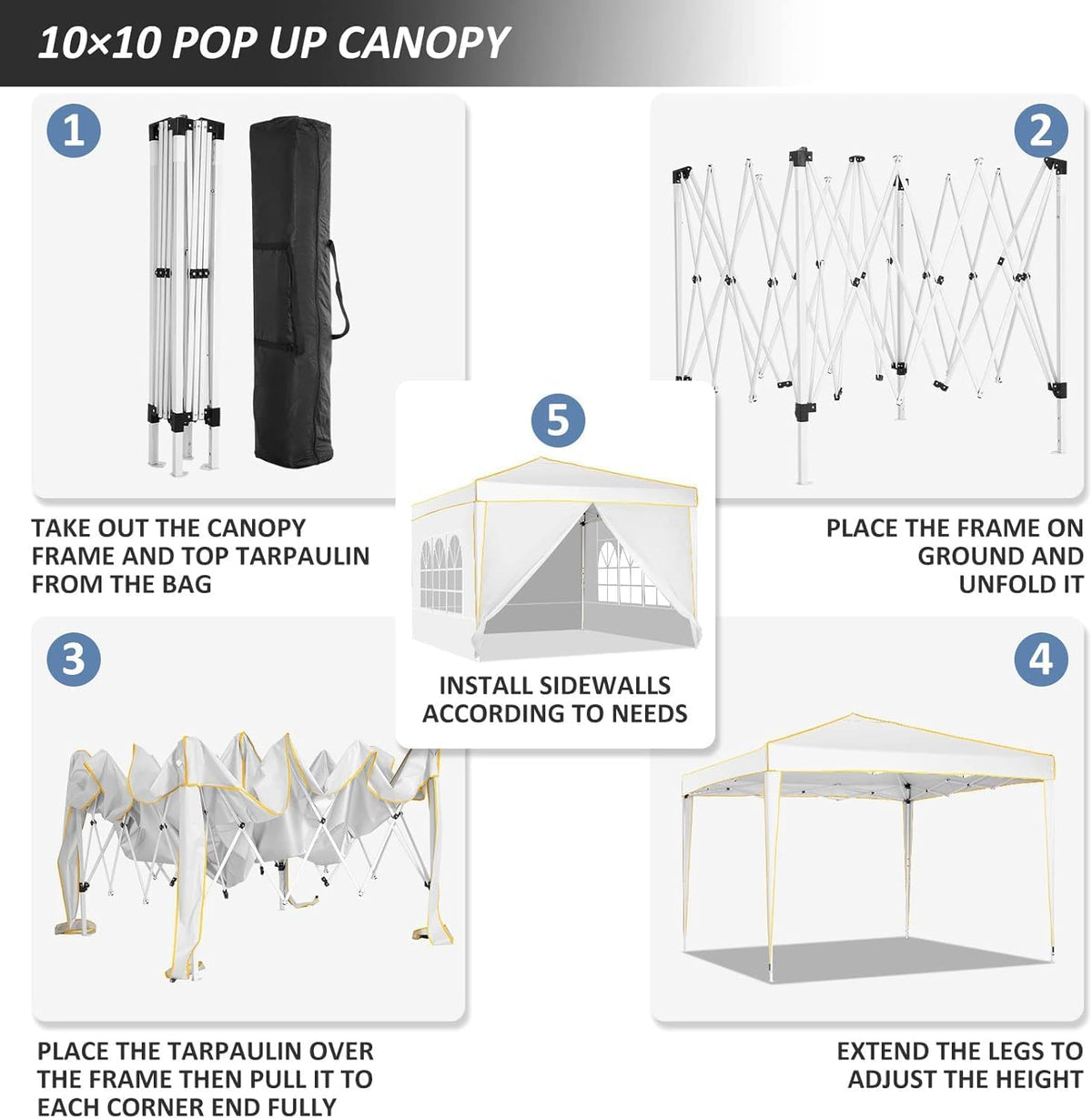 COBIZI 10x10 Pop up Canopy, Canopy Tent 10x10 Gazebos, Ez up Canopy for Parties Outdoor Camping Party Event Shelter Sun Shade with 4 Sidewalls & Carry Bag 4 Stakes & Ropes & Sandbags, White