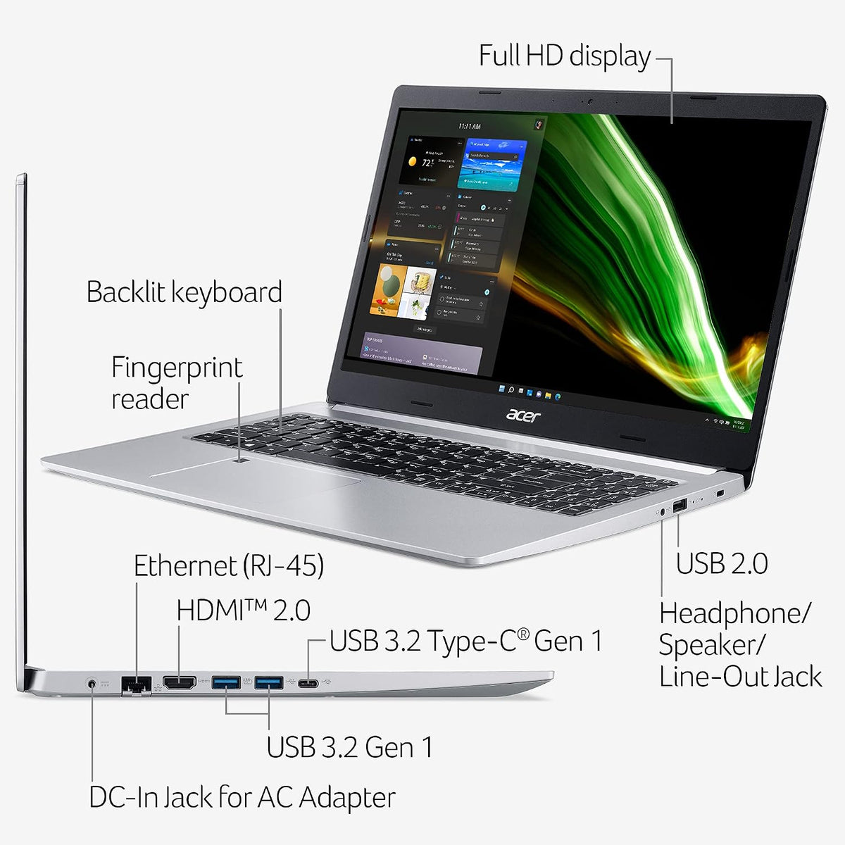 Acer Aspire 5 A515-46-R3UB | 15.6' Full HD IPS Display | AMD Ryzen 3 3350U Quad-Core Mobile Processor | 4GB DDR4 | 128GB NVMe SSD | WiFi 6 | Backlit KB | FPR | Amazon Alexa | Windows 11 Home in S mode