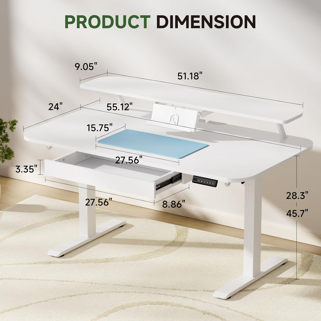 GTPLAYER Electric Standing Desk with Drawers, 55 x 24 Inches Height Adjustable Computer Desk with Monitor Stand, Laptop Stand, Sit Stand up Desk with Memory Preset for Home, Office, White