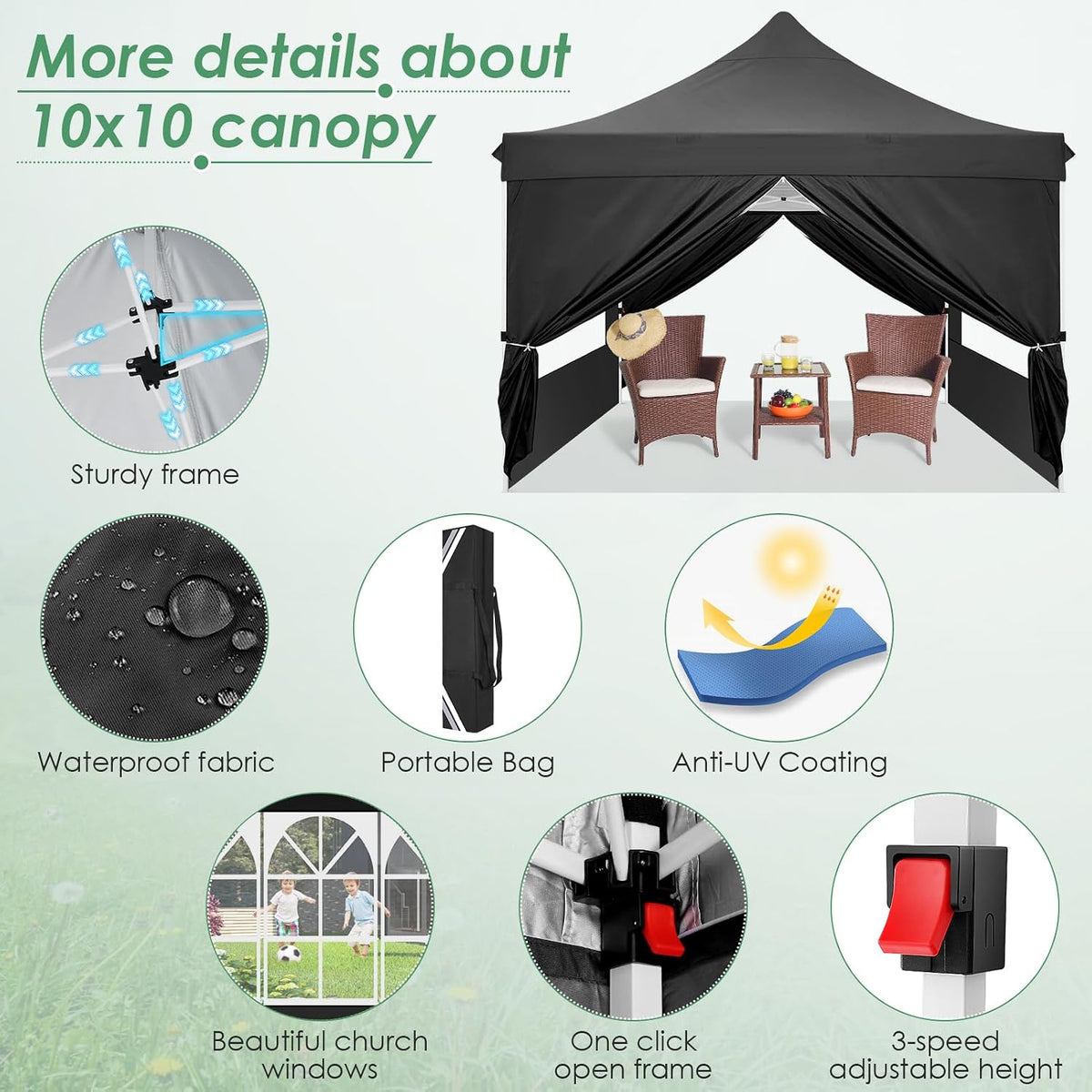 COBIZI Canopy 10x10 Pop Up Canopy Tent with 4 Sidewalls, Commercial Party Tent Ez Waterproof Outdoor Instant Gazebo UV 50+ Event Shelter, Garden Tents for Parties Camping with Sandbags, Black