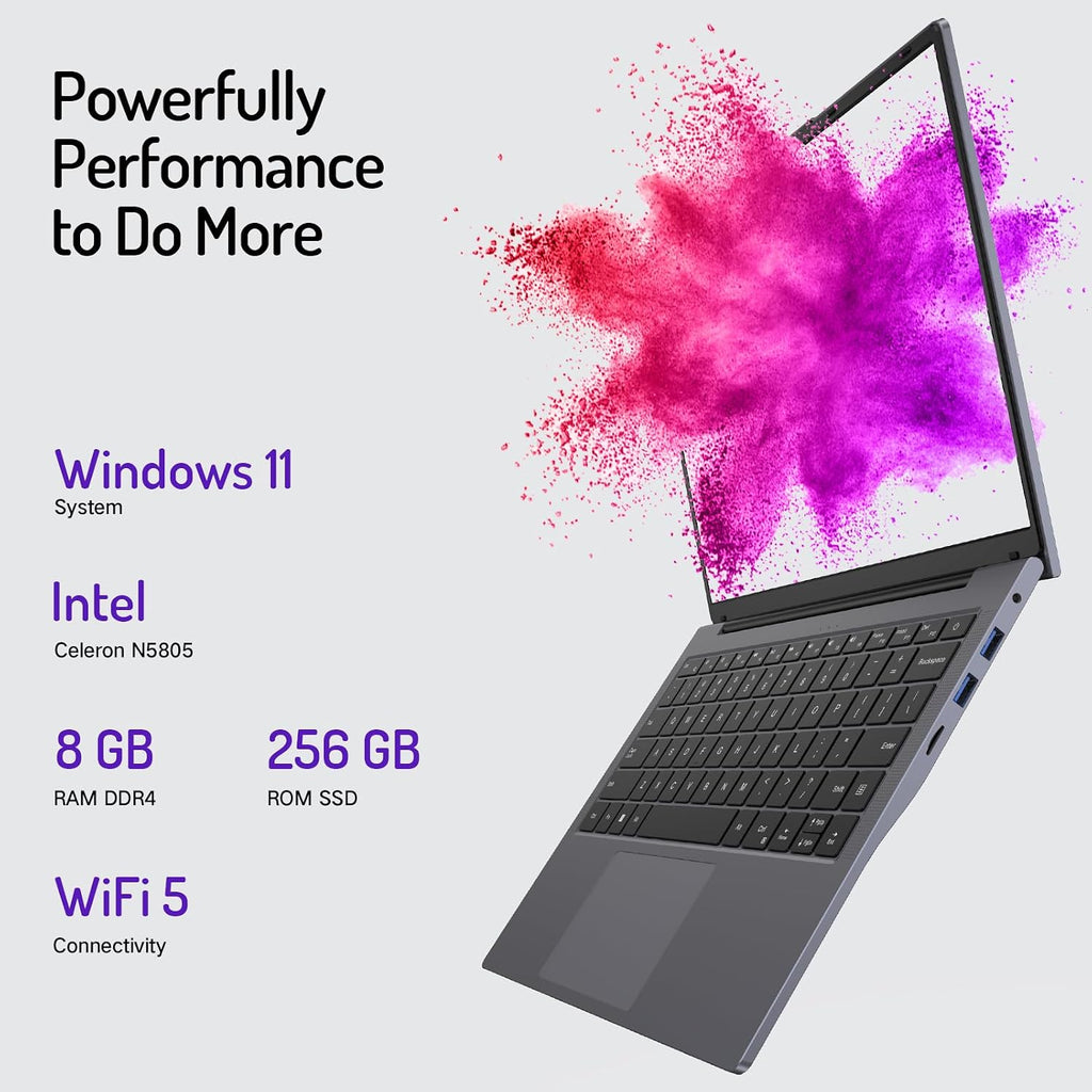 DERE 14 inch Laptop,Gaming PC Coumpter,8GB RAM 256GB SSD| 1920x1200 FHD+ IPS Display| N5805|Win11,HDMI & Wi-Fi|for Study, Office,Business,|Silver Gray