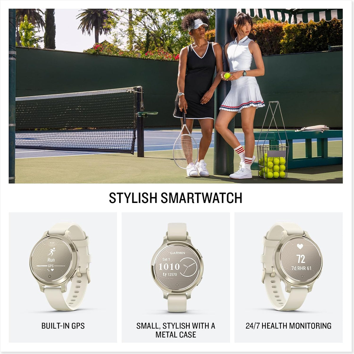 Garmin Lily® 2 Active, Small and Stylish Smartwatch, Built-in GPS, Hidden Display, Patterned Lens, Up to 9 Days Battery Life, Lunar Gold with Bone Silicone Band