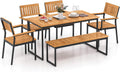 Tangkula 6 Pieces Outdoor Acacia Wood Dining Set, Patio Table and Chairs Set with Bench for 6-7 People, Outdoor Dining Furniture Set with 2' Umbrella Hole for Garden, Backyard and Poolside