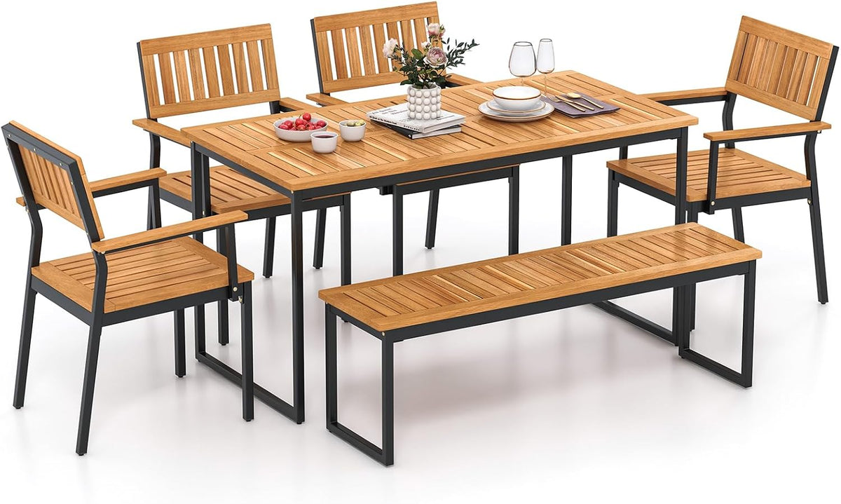 Tangkula 6 Pieces Outdoor Acacia Wood Dining Set, Patio Table and Chairs Set with Bench for 6-7 People, Outdoor Dining Furniture Set with 2' Umbrella Hole for Garden, Backyard and Poolside