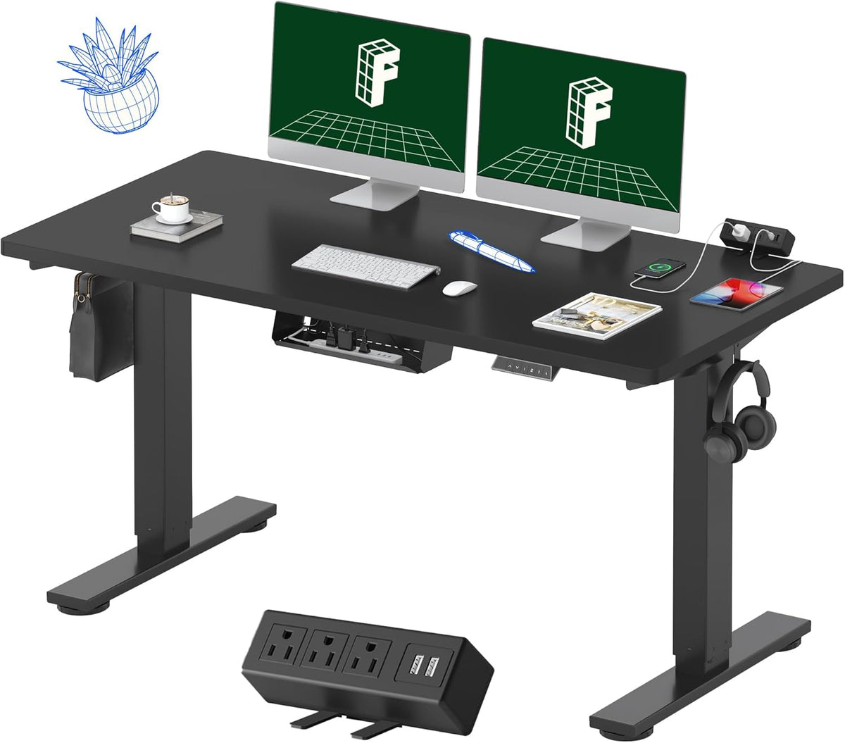 FLEXISPOT EN2 Whole-Piece Standing Desk with Clamp Power Strip, 55 x 28' Electric Stand Up Height Adjustable Desk with Cable Management (Black Frame + 55' Black Top, 2 Packages)