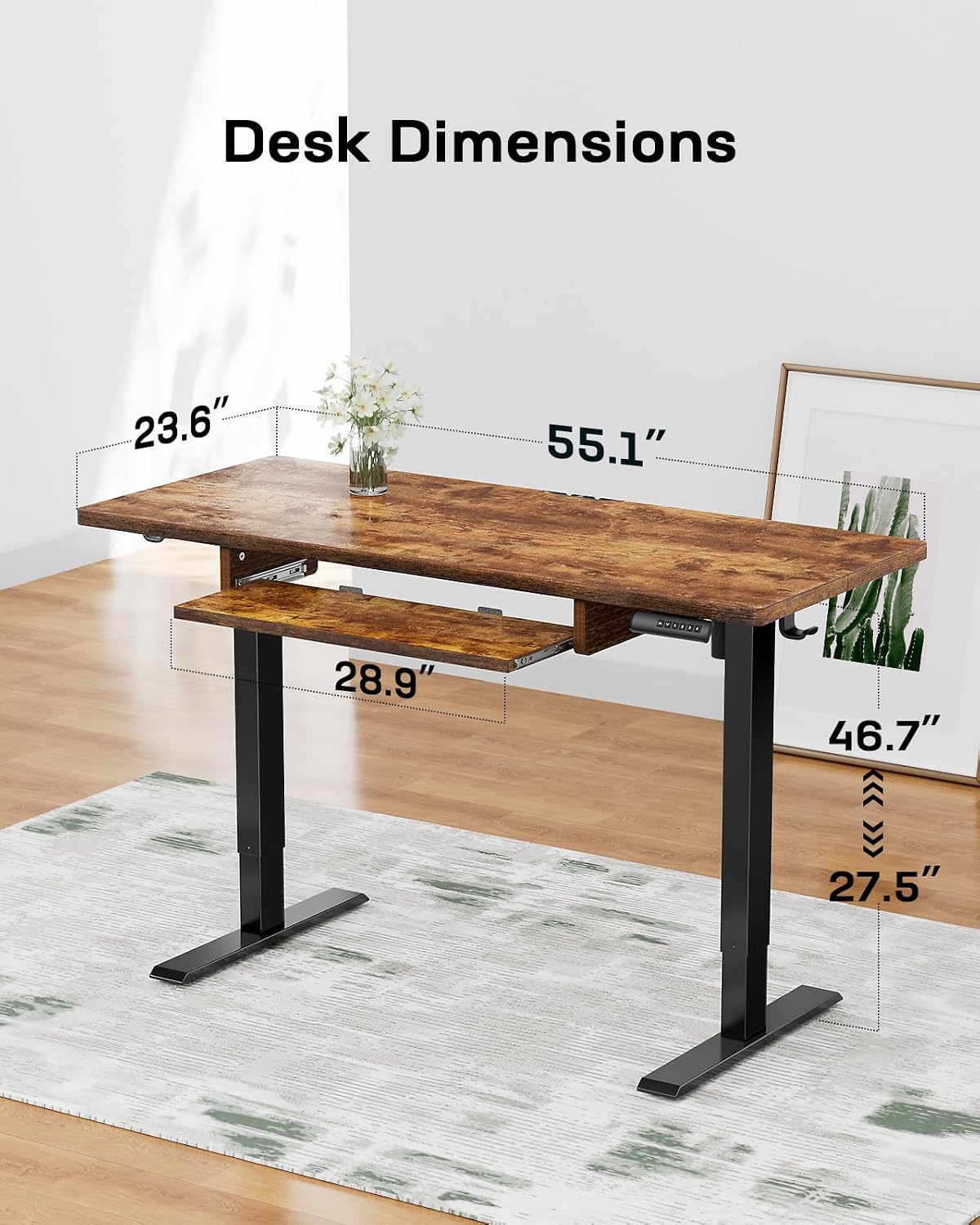 Marsail Electric Standing Desk Adjustable Height, 55 * 24 Inch Sit Stand up Desk for Home Office Furniture Computer Desk with 3 Memory Presets, Headphone Hook, Rustic Brown