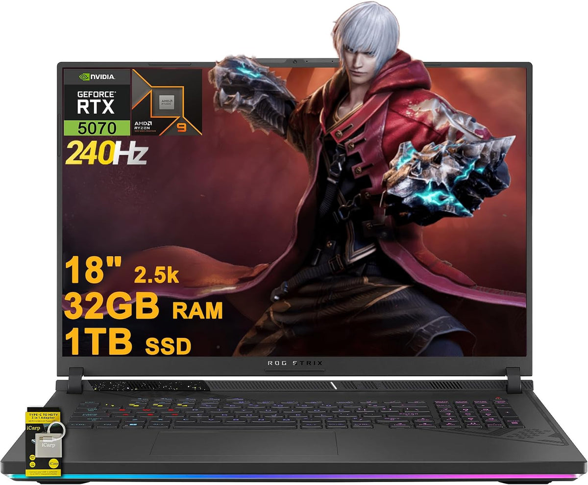 ASUS ROG Strix G18 G814 Gaming Laptop 18' 2.5k (2560x1600) 240Hz (100% DCI-P3) AMD 16-core Ryzen 9 9955HX (>i9-14900HX) 32GB DDR5 1TB SSD GeForce RTX 5070 RGB Backlit FHD Camera Win11 ICP Hub
