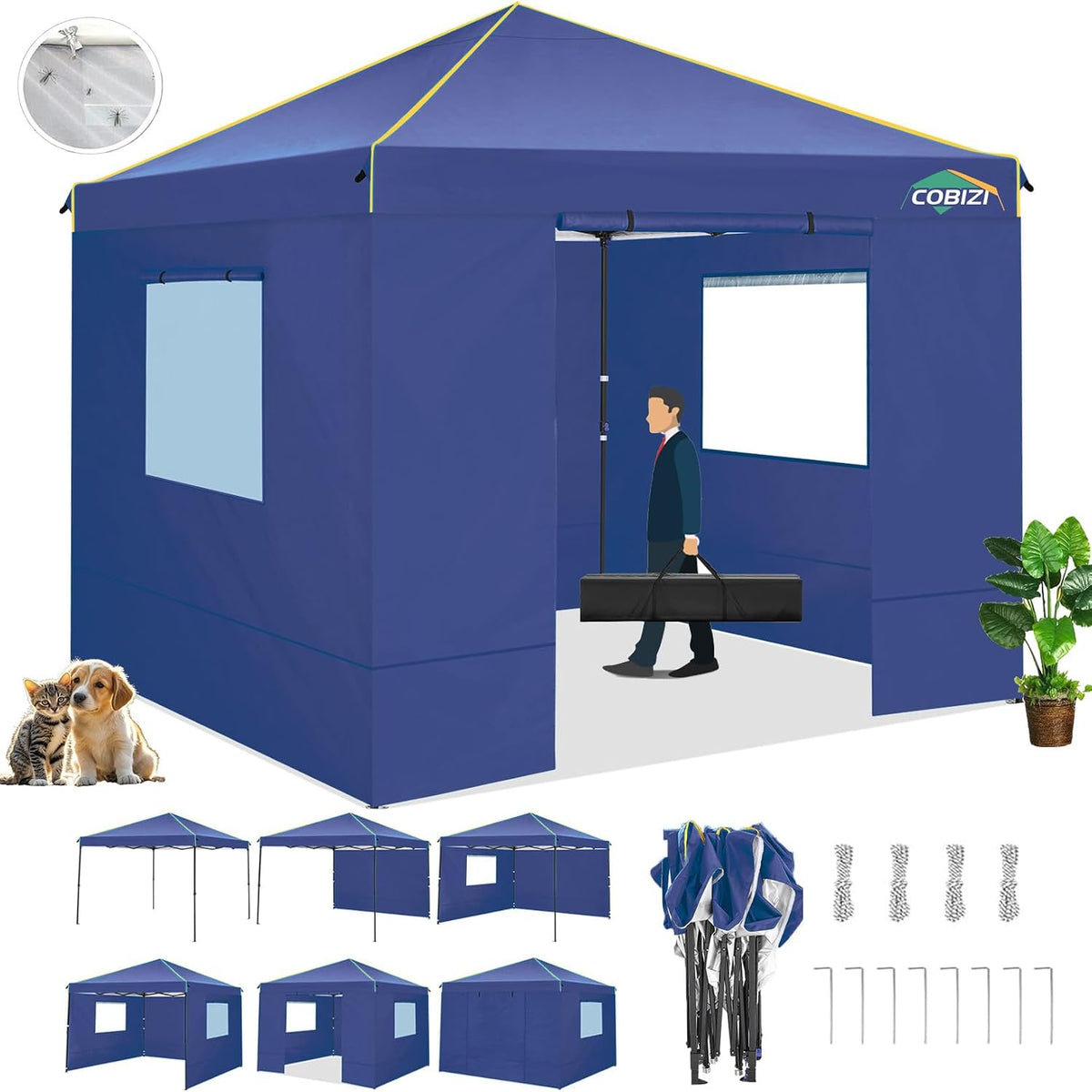 COBIZI 10x10 Pop Up Canopy Tent with 4 Removable Sidewalls 2.0, Waterproof Commercial Instant Gazebo Outdoor Tents for Party/Exhibition/Picnic with Carry Bag,4 Stakes & Ropes (Deep Blue)