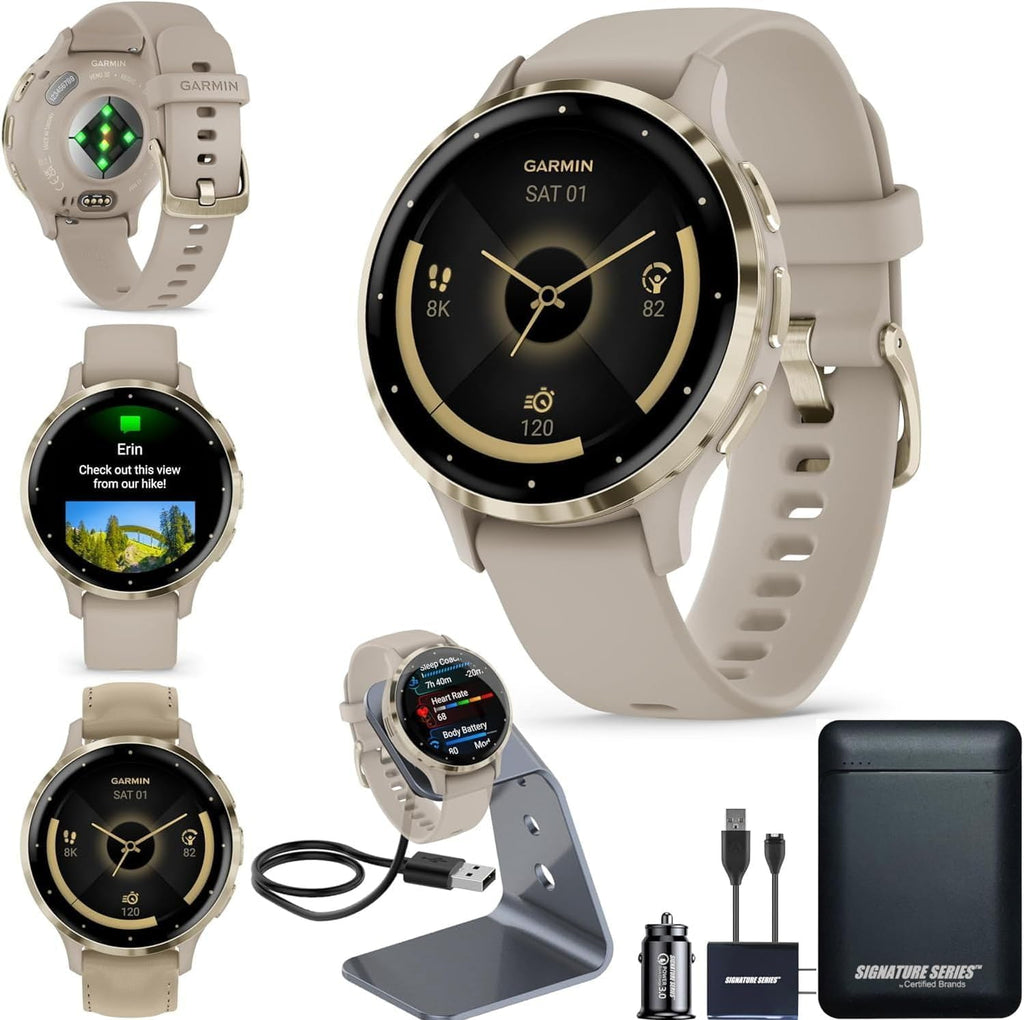 Garmin Venu 3S Running GPS Smartwatch with AMOLED Display, Advanced Health, Fitness Features, Up to 14 Day Battery Life with Signature Power Bundle | Soft Gold with French Gray Silicone Band