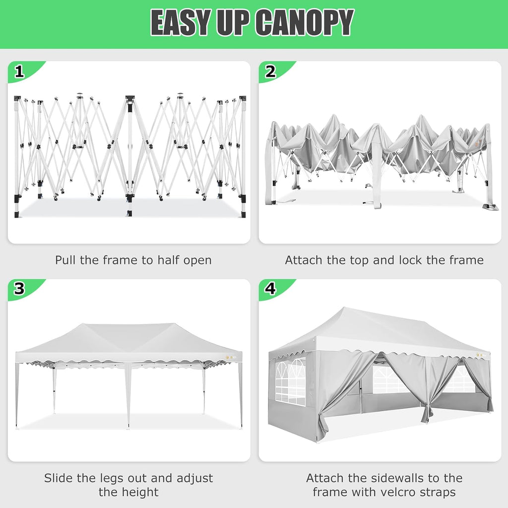 HOTEEL Folding Gazebo 3 x 6 Gazebo Waterproof Stable Party Tent Foldable Folding Tent with 6 Side Walls & Roll Bag & 4 Sand Bags, Easy Assembly for Weddings, Commerce, Parties, UV50+ Protection, White