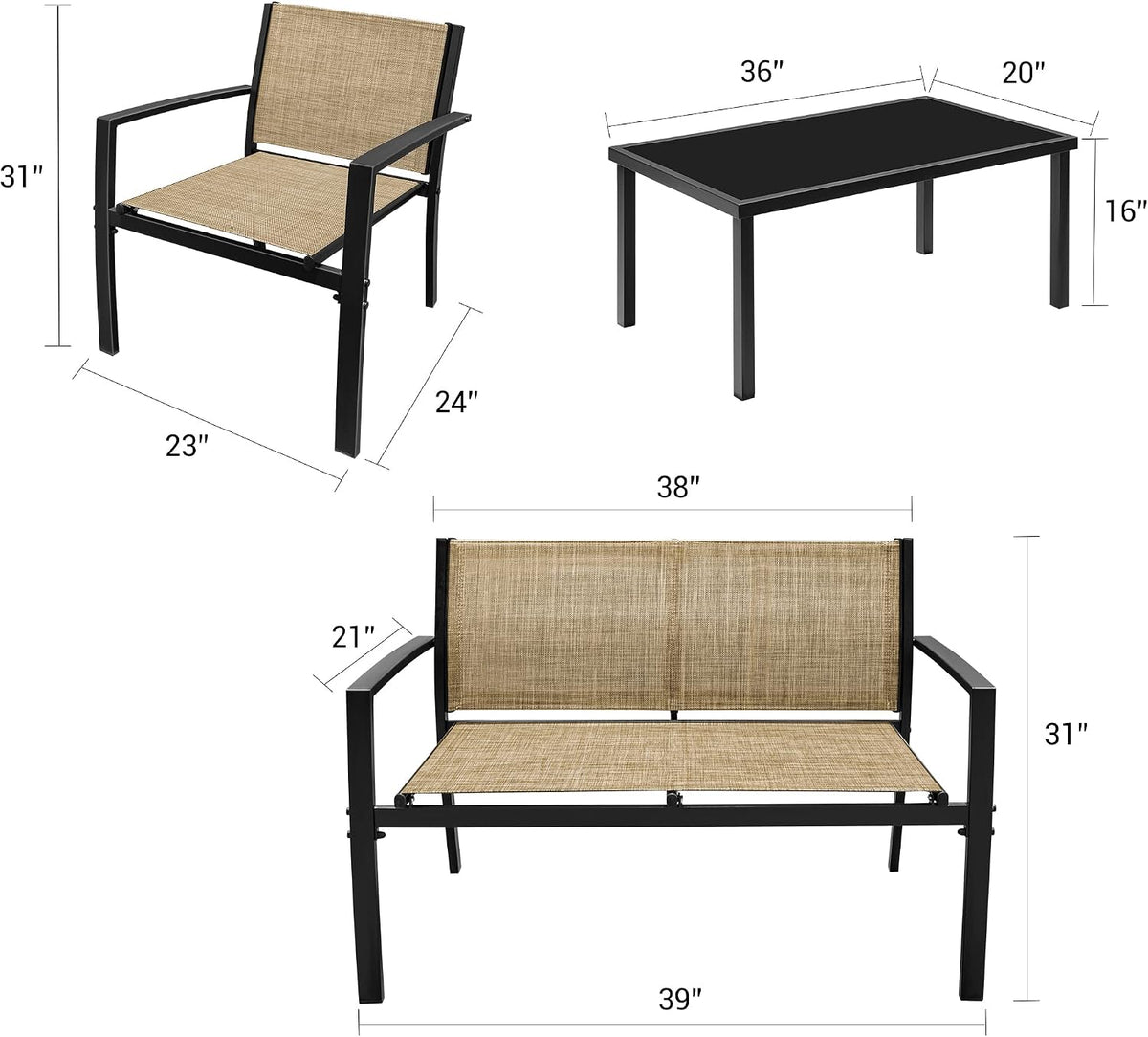 Flamaker 4 Pieces Patio Furniture Outdoor Furniture Set Textilene Bistro Set Modern Conversation Set Black Bistro Set with Loveseat Tea Table for Home, Lawn and Balcony (Yellow)
