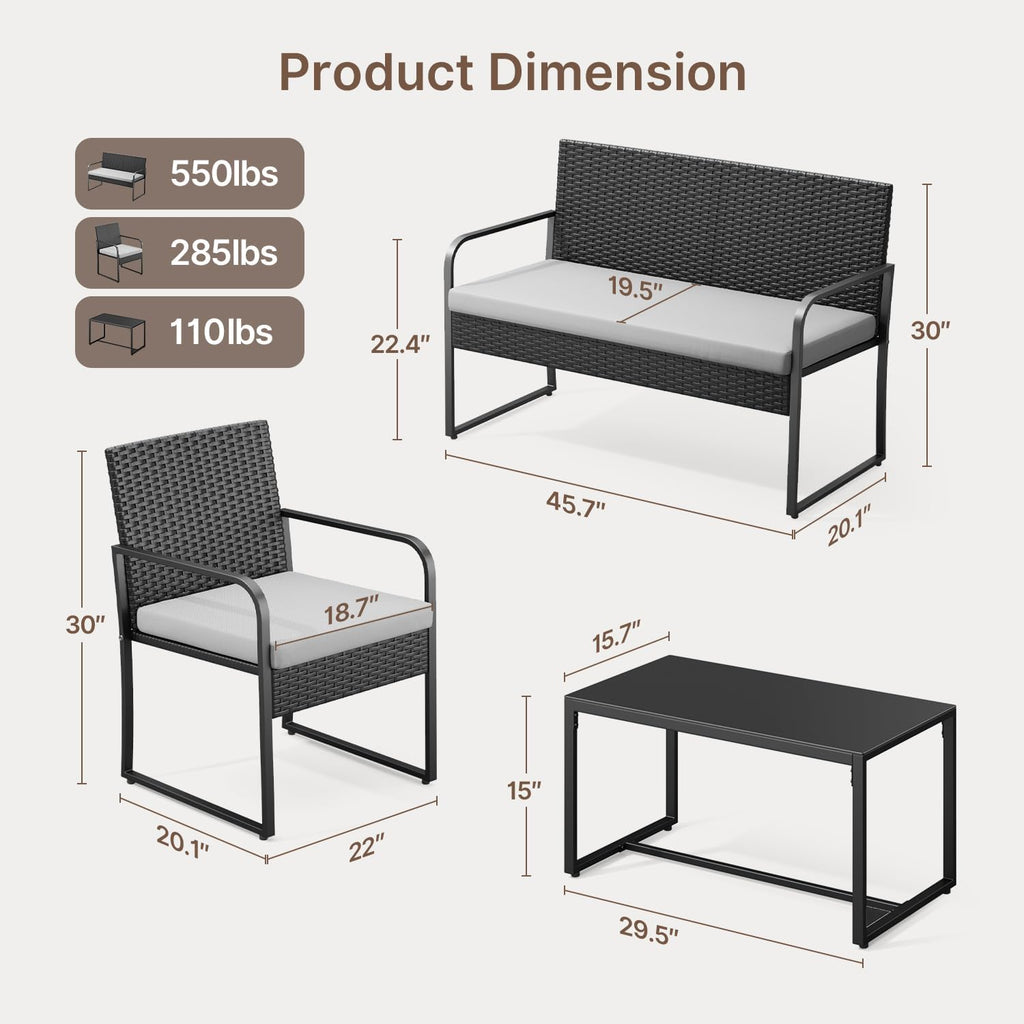 Gizoon 4 Piece Patio Furniture Set, Wicker Furniture with Glass Coffee Table, Outdoor Rattan Conversation Set, for Backyard, Poolside, Porch, Lawn, Cushion-Grey