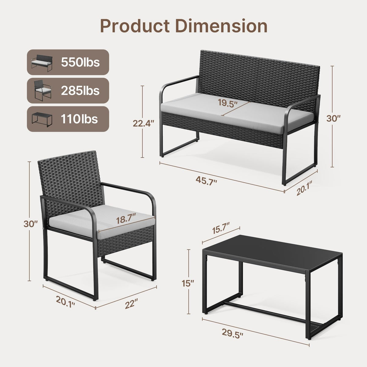 Gizoon 4 Piece Patio Furniture Set, Wicker Furniture with Glass Coffee Table, Outdoor Rattan Conversation Set, for Backyard, Poolside, Porch, Lawn, Cushion-Grey