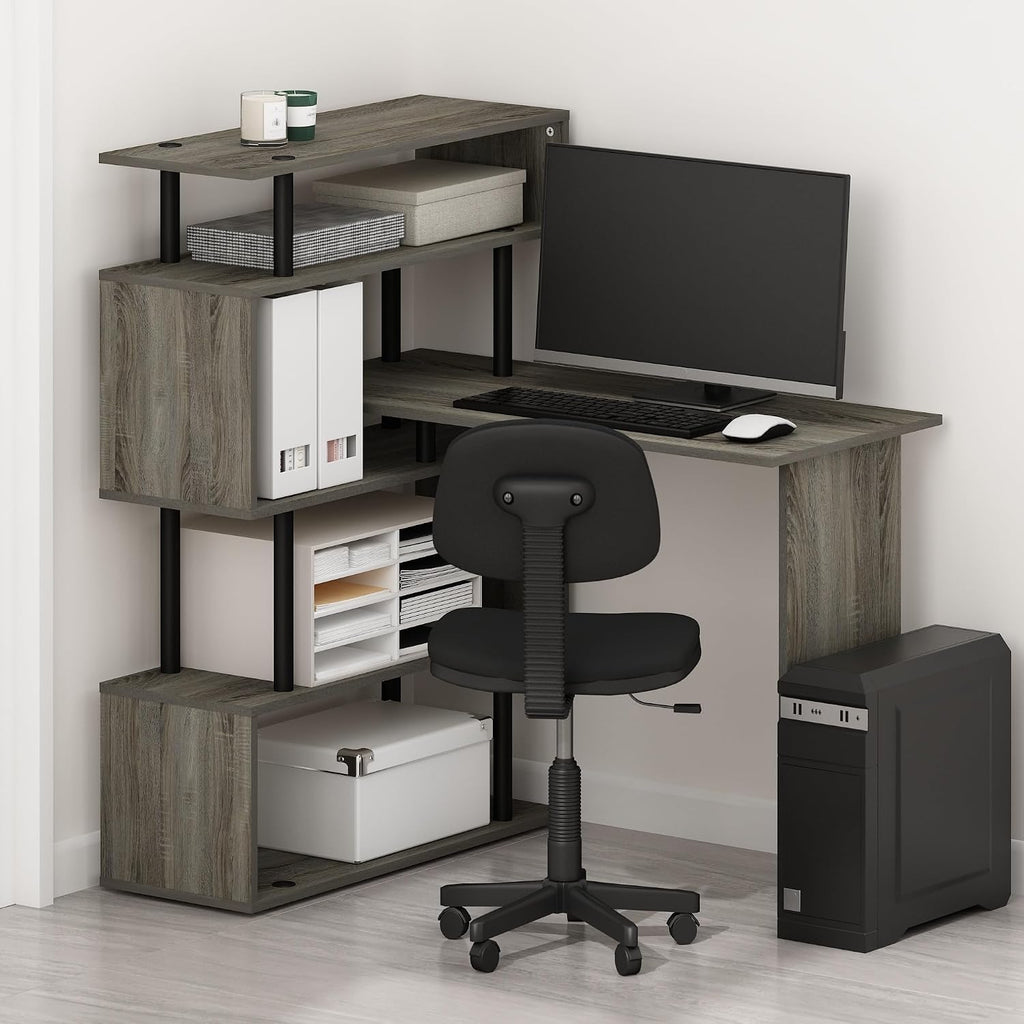 Furinno Classic L Shape Computer Desk, Gaming Desk, Office Desk with 5-Tier Shelves, 40' Wide, for Home Office, Study, Gaming, Grey Oak