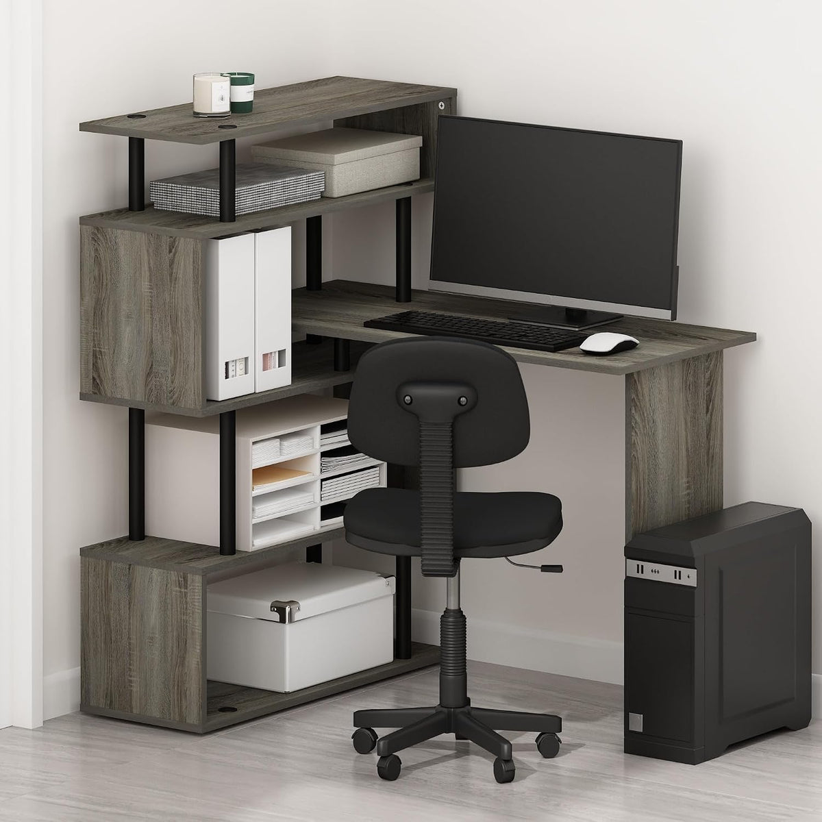 Furinno Classic L Shape Computer Desk, Gaming Desk, Office Desk with 5-Tier Shelves, 40' Wide, for Home Office, Study, Gaming, Grey Oak