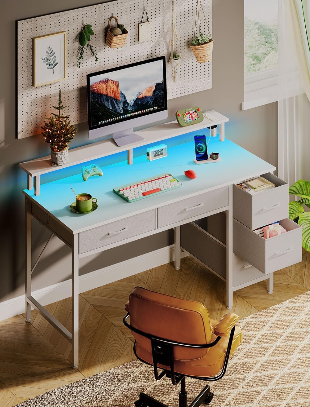 Seventable Computer Desk with Power Outlets & LED Light, 47 inch Home Office Desk with 5 Drawers, Writing Desk with Monitor Stand, Work Desk for Home Office, White
