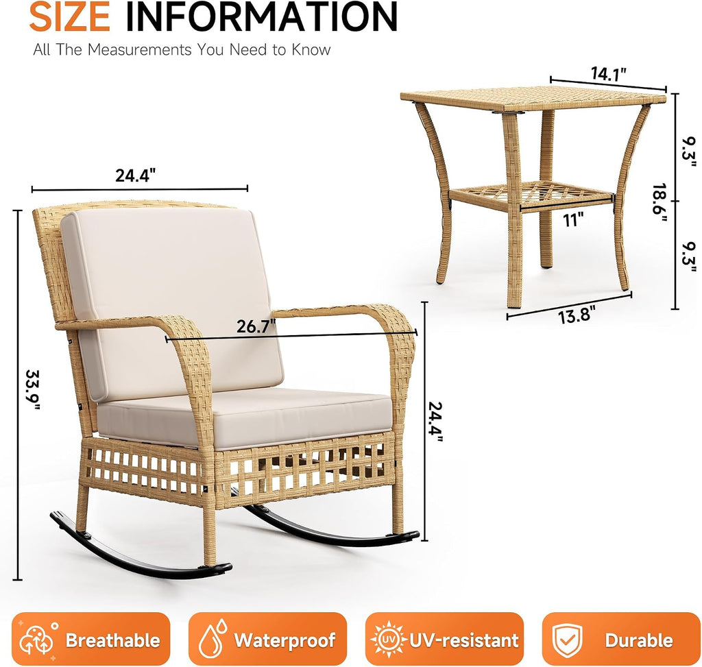 DECMICO Outdoor Rocking Chair, 3 Pieces Wicker Rocking Bistro Set with Rattan Table, Rattan Rocking Chairs with Washable Cushions, Outdoor Wicker Chair for Garden Backyard Porch Poolside