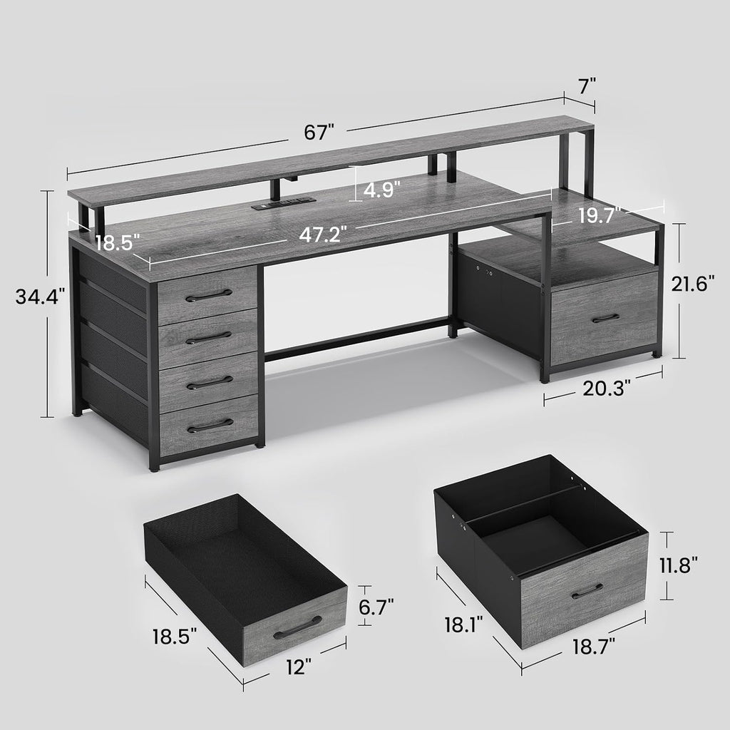 SEDETA Home Office Desk with File Drawer & Power Outlet, 66'' Computer Desk with 5 Drawer, Storage Shelves, Printer Cabinet and Monitor Shelf, Gaming Desk with Led Lights, Grey
