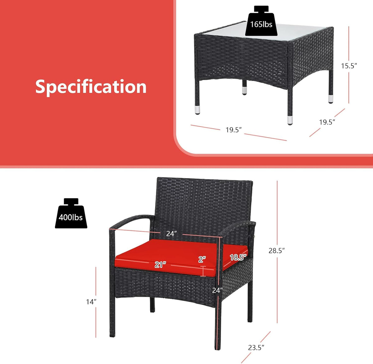 RELAX4LIFE 3-Piece Patio Furniture Set - Rattan Conversation Set, Wicker Bistro Set w/2 Chairs, Glass Coffee Table, Steel Frame, Outdoor Chairs Set for Yard Balcony, Front Porch Furniture (Red)