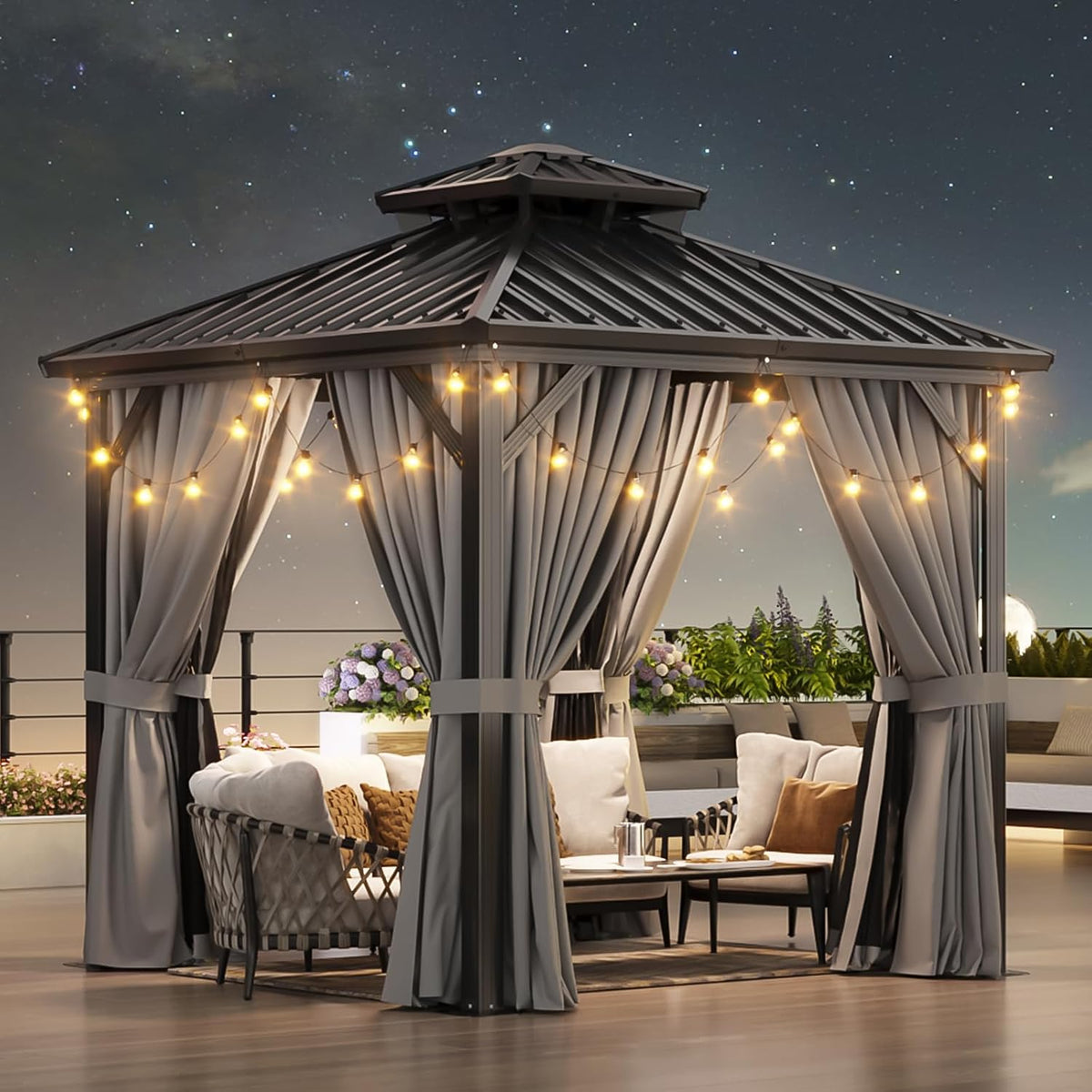 Aoxun 8 FTx 8FT Hardtop Gazebo with Double Galvanized Steel Roof, Outdoor Pavilion with Breathable Netting & Privacy Curtain for Backyard, Patio - Versatile for Family Gatherings, Carport (Gray)