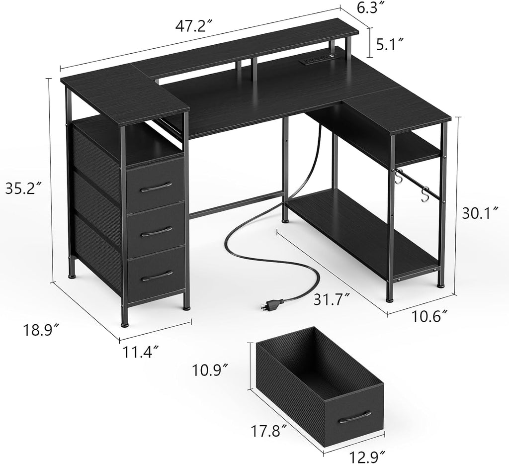Korfile 47 Inch L Shaped Gaming Desk with Power Outlets and LED Lights, Reversible Computer Desk with File Drawers & Monitor Stand, Corner Gamer Desk Table for Home Office with Storage Shelves, Black