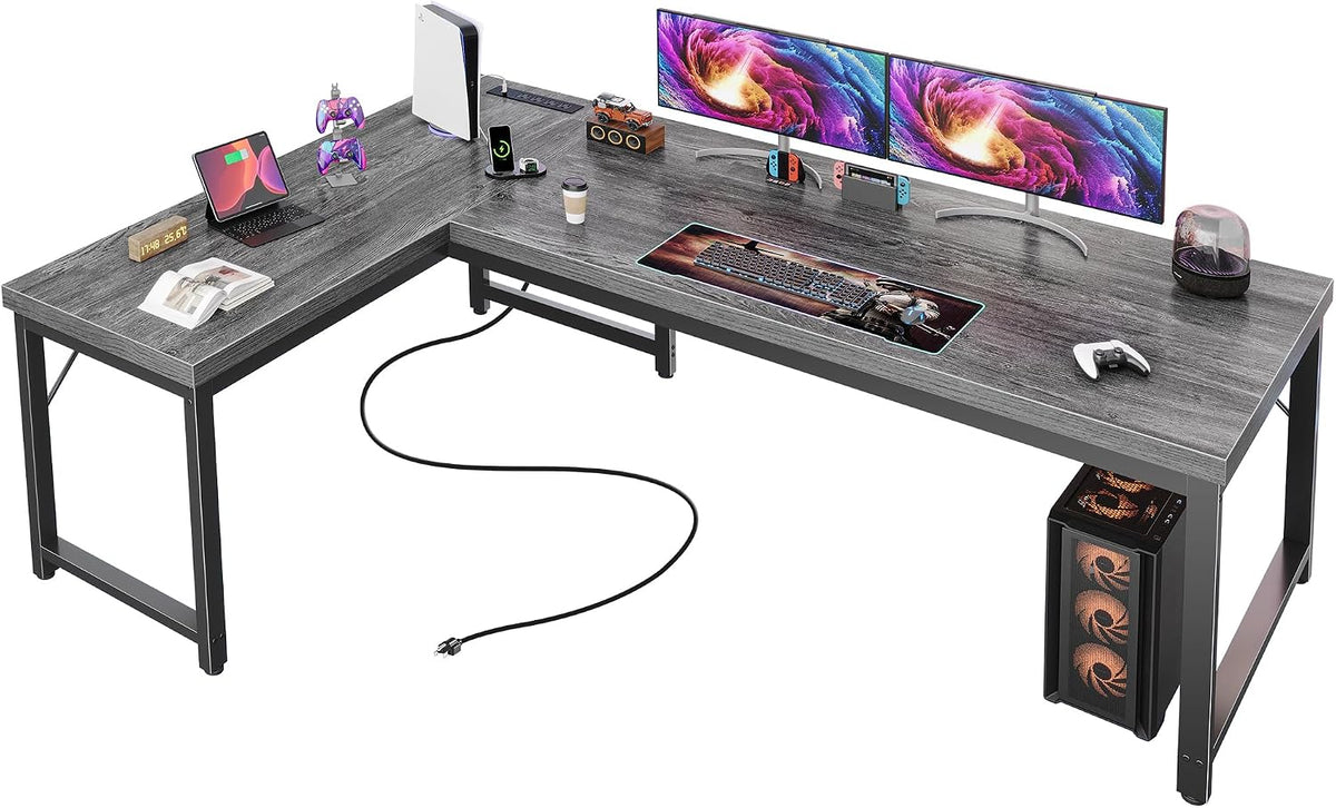 Huuger 63 Inch L Shaped Desk with Power Outlets and USB-C Port, Reversible Computer Desk, Larger Office Corner Gaming Desk, 0.95 Inch Thicker Desktop, Metal Frame, for Home Office, Study, Grey