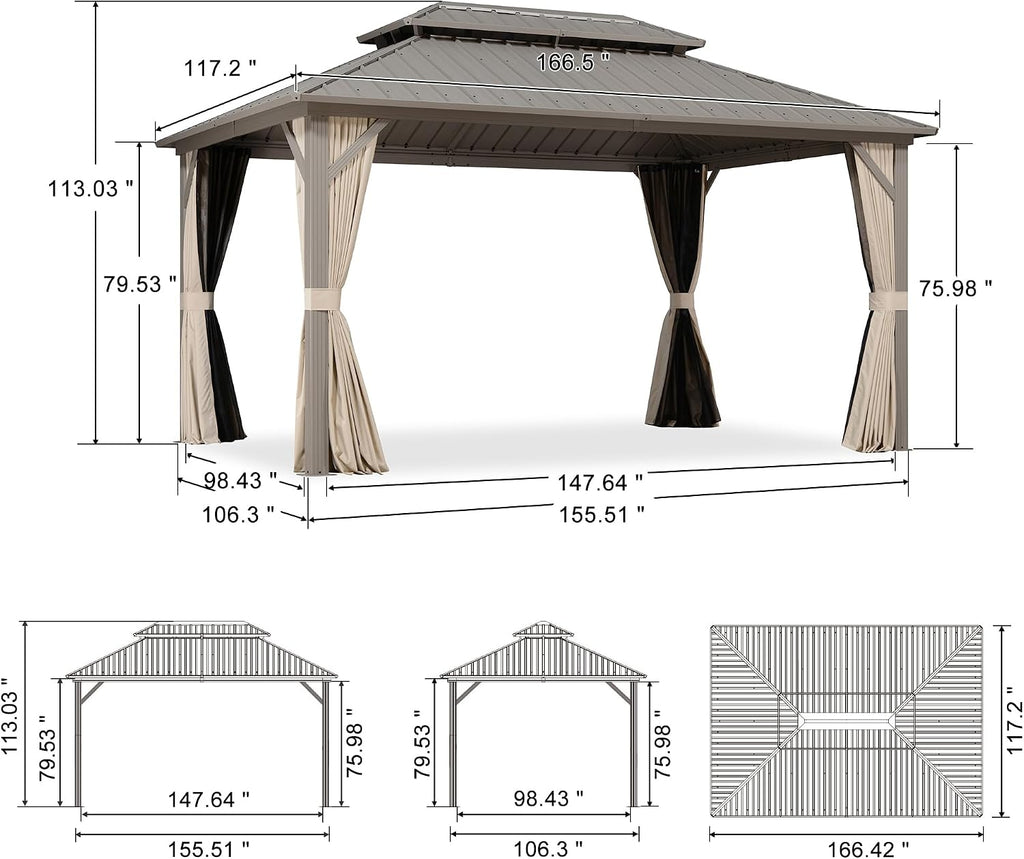 PURPLE LEAF 10' x 14' Outdoor Hardtop Gazebo, Champagne Aluminum Gazebo with Galvanized Steel Double Roof, Curtains and Netting for Patio Lawn and Garden