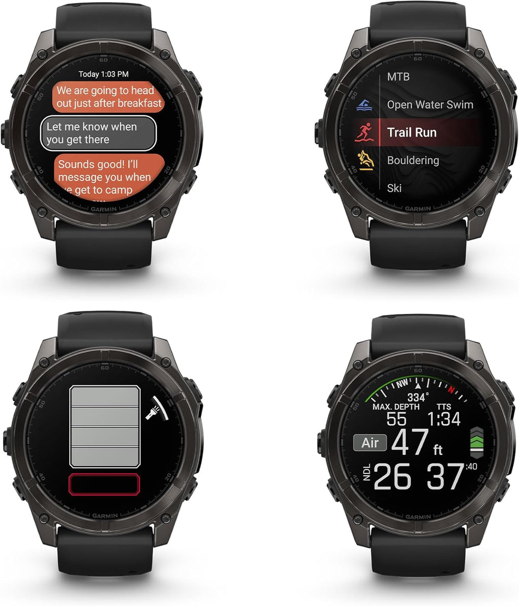 Garmin Fenix 8 51MM AMOLED Sapphire Premium Multisport GPS Smartwatch Carbon Gray DLC Titanium with Gray Silicone Band, Built-in LED Flashlight, Fitness & Health Smart Watch Bundle for Men & Women