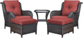 Outdoor Patio Furniture Chairs Set - 5 Piece Wicker Rattan Patio Sectional Conversation Sets with 2 Armrest Chairs,2 Ottomans and 1 Side Table for Porch Deck Balcony Backyard Garden(Brown/Red)