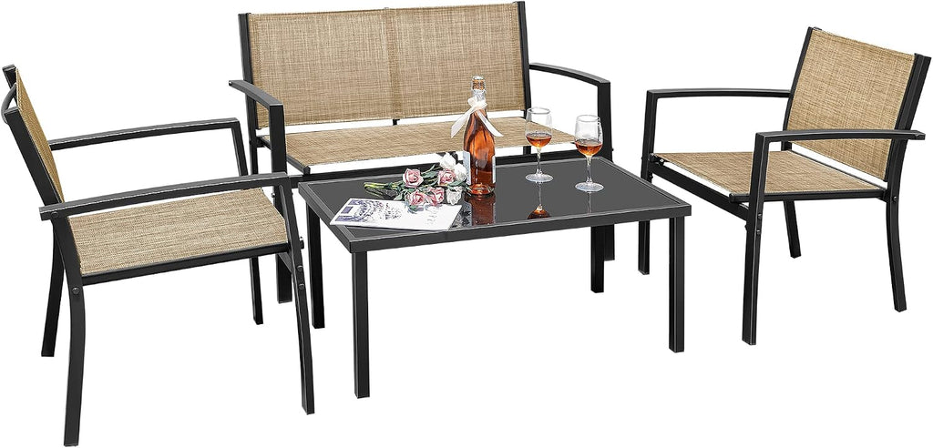 Flamaker 4 Pieces Patio Furniture Outdoor Furniture Set Textilene Bistro Set Modern Conversation Set Black Bistro Set with Loveseat Tea Table for Home, Lawn and Balcony (Yellow)