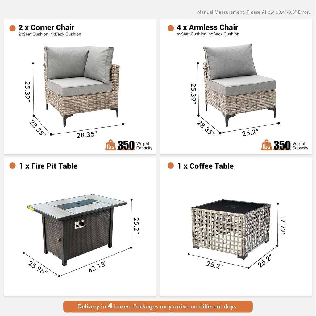 Outdoor Sectional Patio Furniture Set with Fire Pit Table and Glowing Table,8 Pieces Wicker Conversation Sets L Shaped Couch Out Door Sofa Set Outside Furniture for Garden Deck Yard,Dark Grey