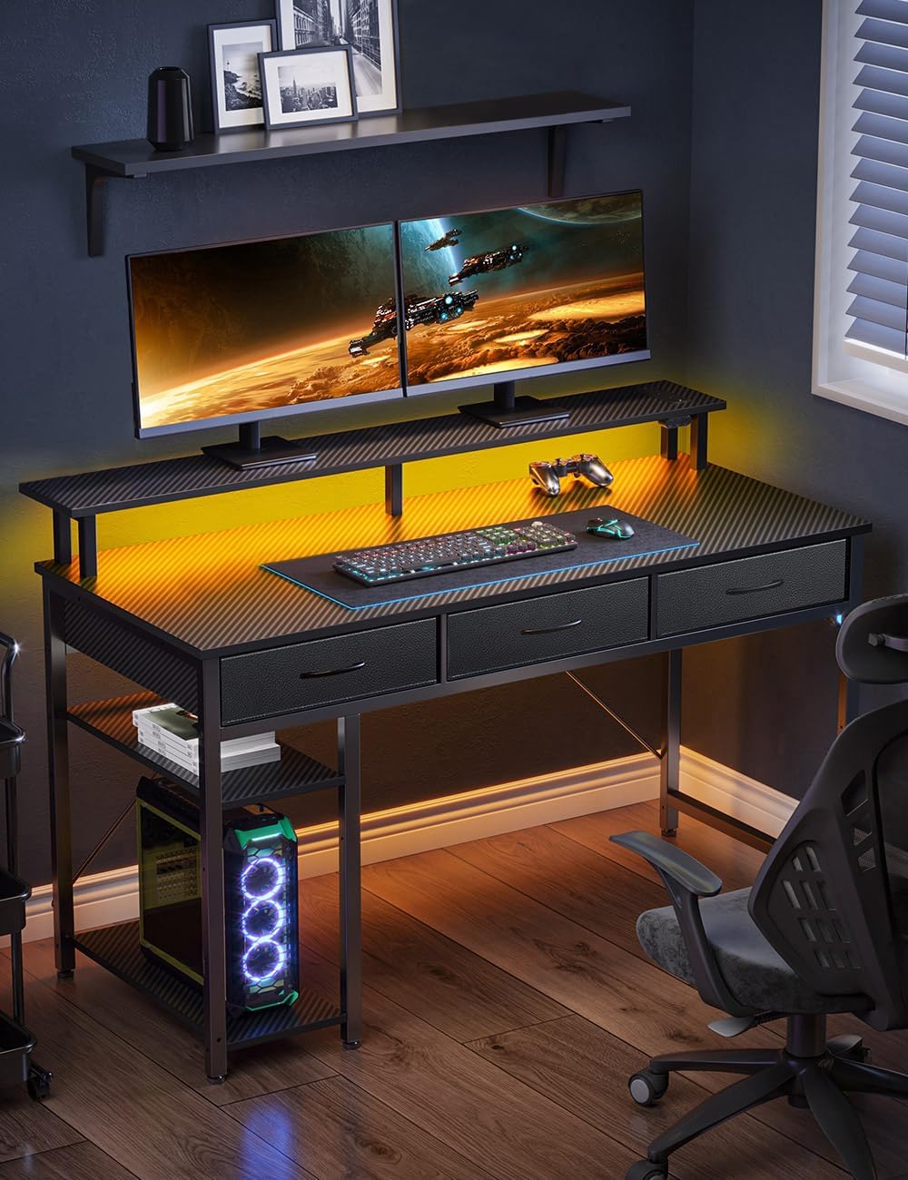Rolanstar Computer Desk with Power Outlets & LED Light, 55 inch Home Office Desk with 3 Drawers and Storage Shelves, Writing Desk with Monitor Stand, Modern Work Desk for Home Office, Carbon Black