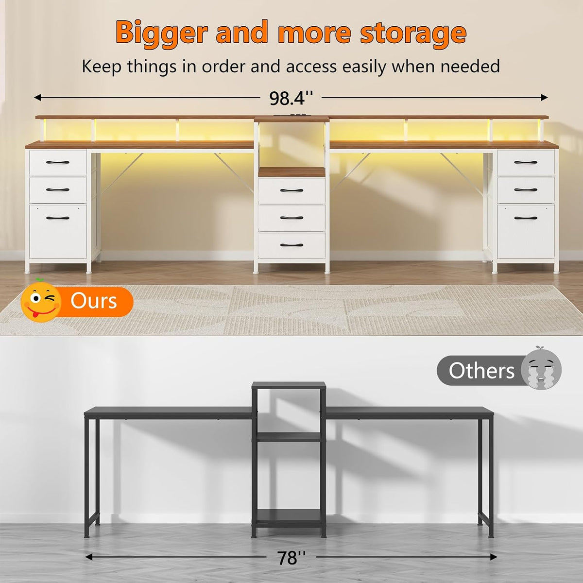 YOMILUVE 98.4' Long Computer Desk with 9 Drawers, 2 Person Gaming Desk with LED Lights & Power Outlet, Two Person Home Office Desk with Storage, Printer Shelf ＆ Monitor Stand, Brown and White