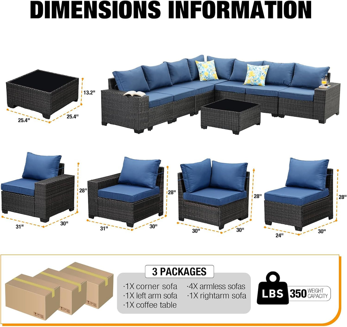 JOYURE 8 Pieces Patio Furniture Set All-Weather Outdoor Wicker Sectional Conversation Sofa Rattan Patio Seating Sofa with Cushion and Glass Table for Porch Poolside,Navy