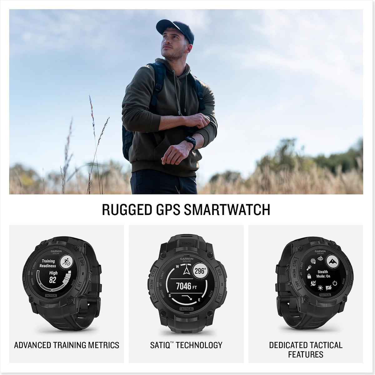 Garmin Instinct® 3 Tactical Edition, 50mm, Solar Charged Display, Rugged Outdoor GPS Smartwatch