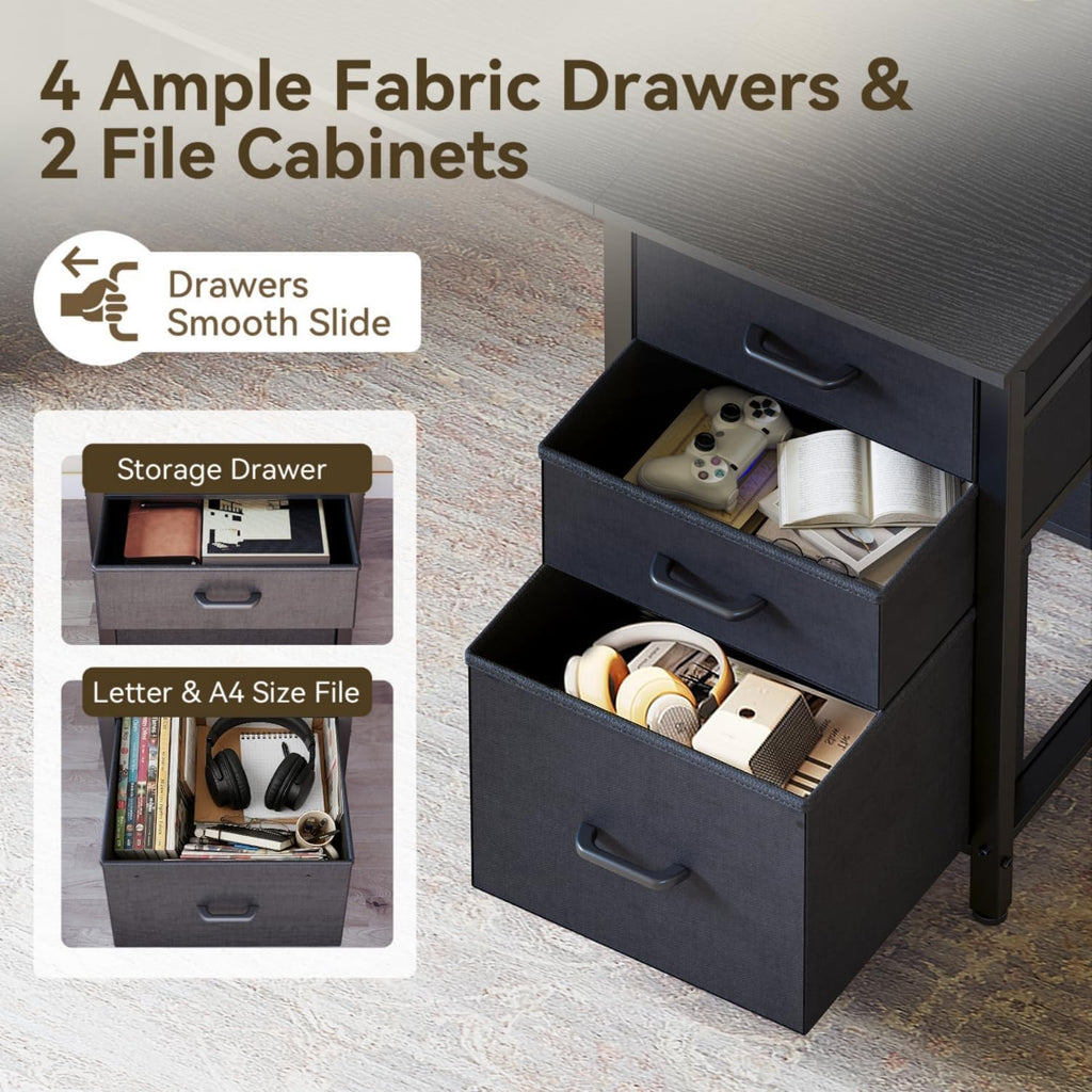 ODK 63 Inch Office Desk with 6 Fabric Drawers, Large Computer Desk for Home Office with Hidden Storage Shelves, Black