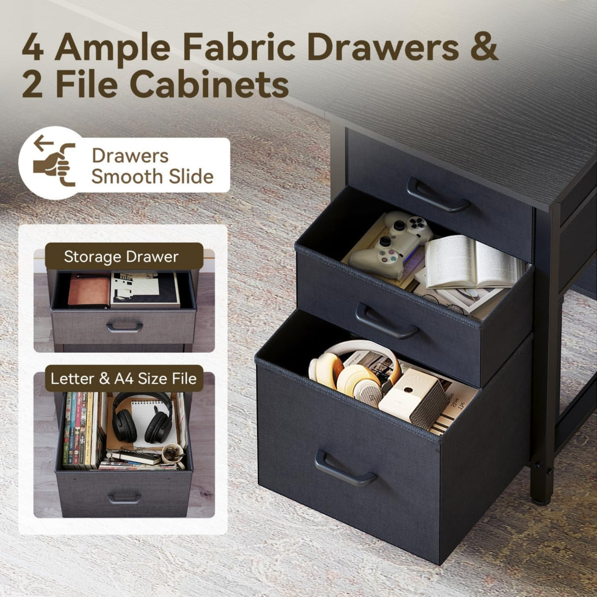 ODK 63 Inch Office Desk with 6 Fabric Drawers, Large Computer Desk for Home Office with Hidden Storage Shelves, Black