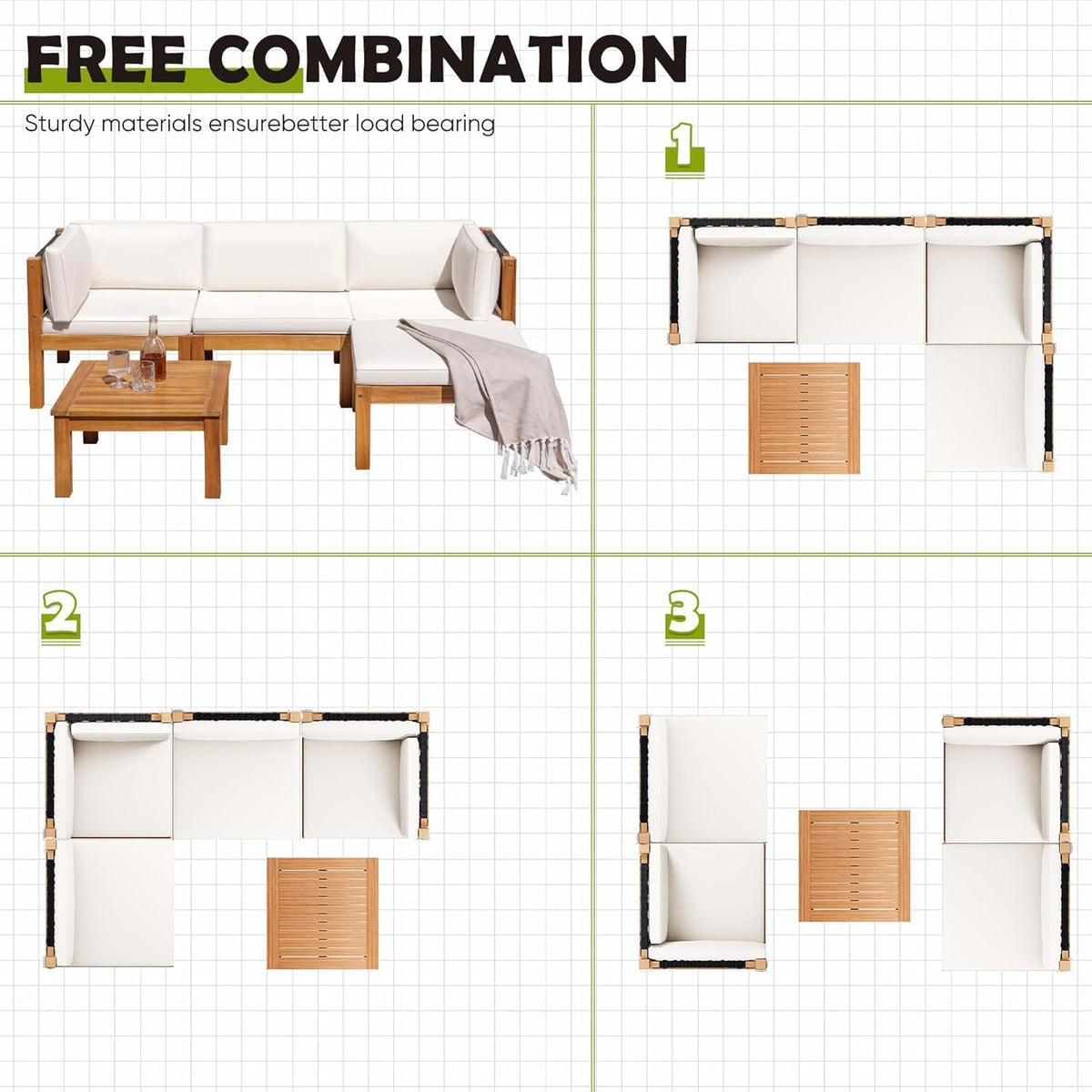 Greesum 5 Pieces Small Patio Sofa, Acacia Wood Outdoor Conversation Sets with Tea Table for Garden Porch and Backyard, Beige