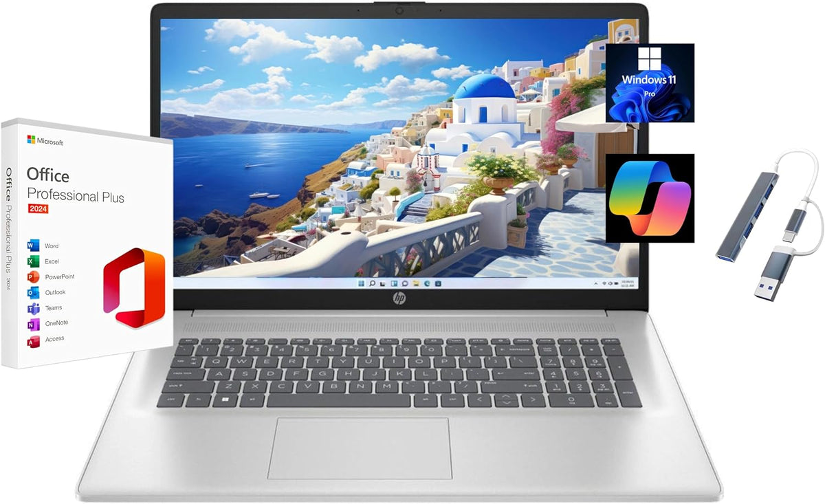 HP 17.3' Full HD Laptop, AMD Ryzen 5 7520U, 8GB LPDDR5 RAM, 256GB SSD, AMD Radeon, Windows 11 Pro, Natural Silver, Wi-Fi 6, Copilot, with USB Hub