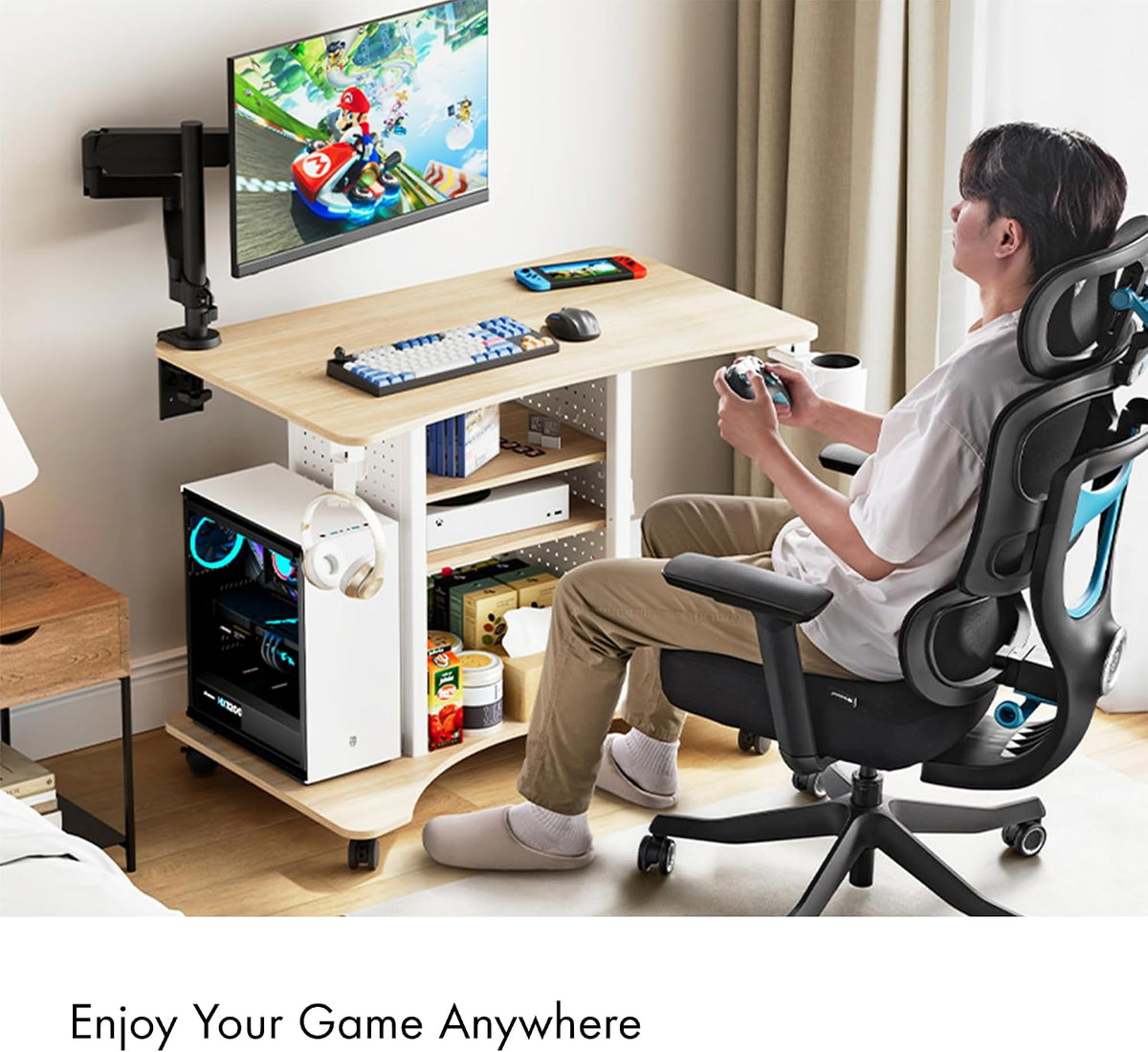EUREKA ERGONOMIC Gaming Desk Computer, 37' Rolling Desk on Wheels for Small Space, Mobile Computer Cart with Pegboards Adjustable Shelves for Gaming PS Switch, Craft Station, Home Office - Maple