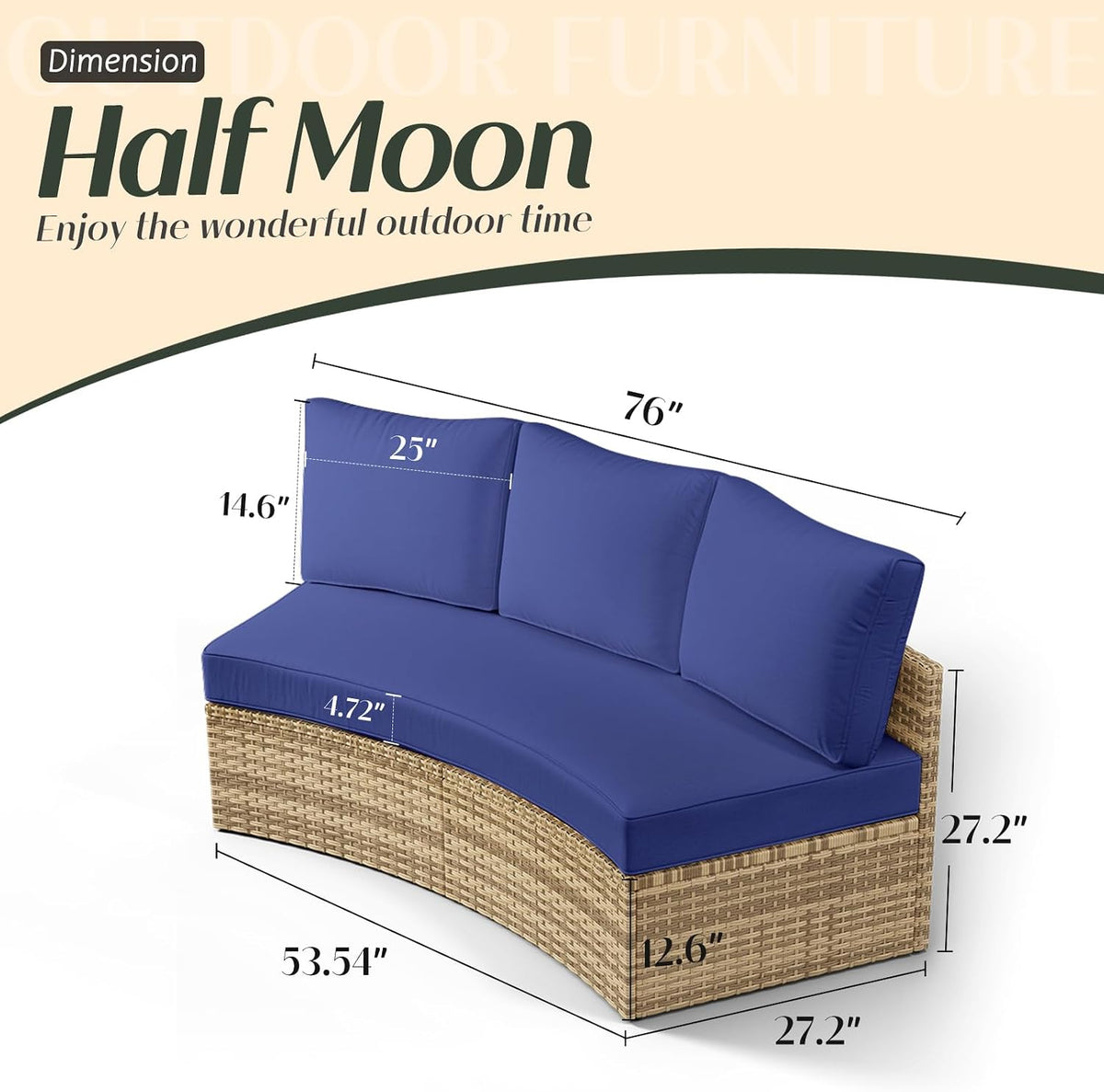 PaPaJet 3-Piece Patio Furniture Set, Half-Moon Wicker Sectional Sofa with Cushions, Waterproof Rattan Outdoor Conversation Set for Beach, Pool, Garden & Balcony, Blue